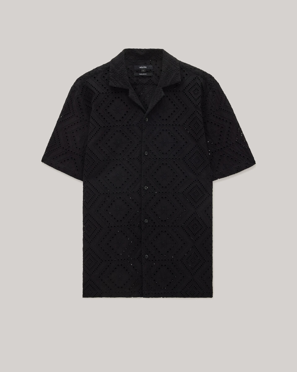 Embroidery Cuban Collar Button-up Shirt, Black, hi-res